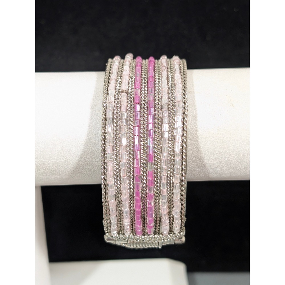 Pink Glass Bead Wide Bangle‎ Bracelet Silver Tone Hinge Clamp 7 Inch